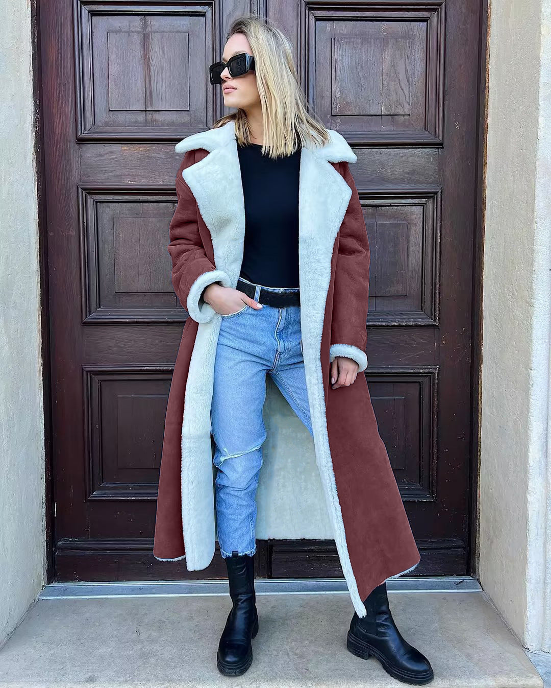 Ladies Long Fleece Coat with Turn-Down Collar Lune London