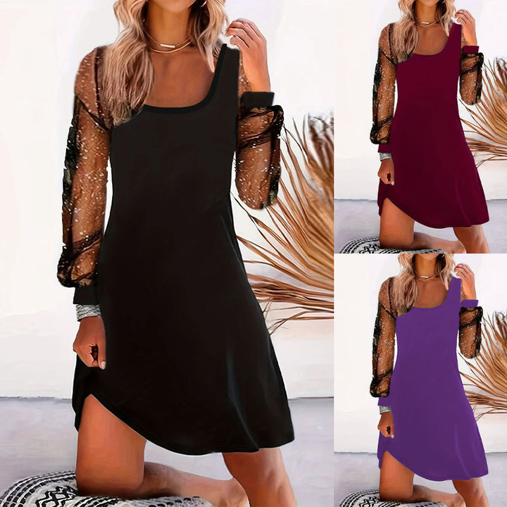 Ladies Elegant Asymmetrical Midi Dress with Chic Transparent Puff Sleeves and Style