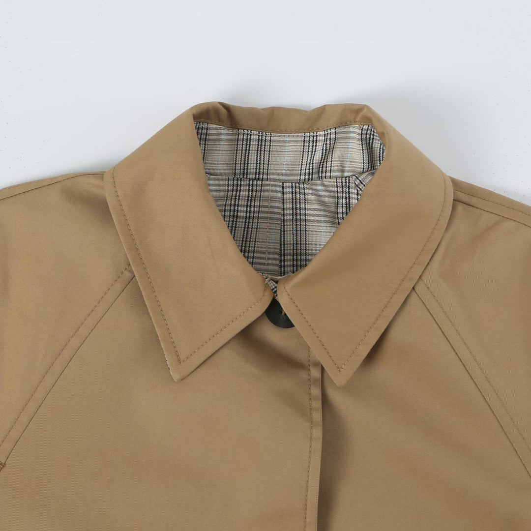 Women's Reversible Trench Coat with Raglan Sleeves, Checked Lining and Hidden Button Placket Amarae