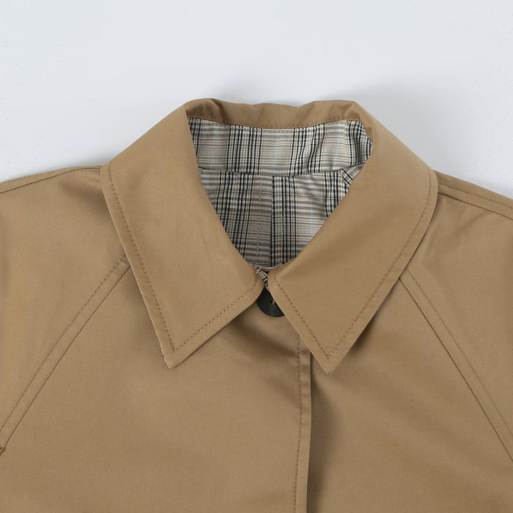 Women's Reversible Trench Coat with Raglan Sleeves, Checked Lining and Hidden Button Placket Amarae