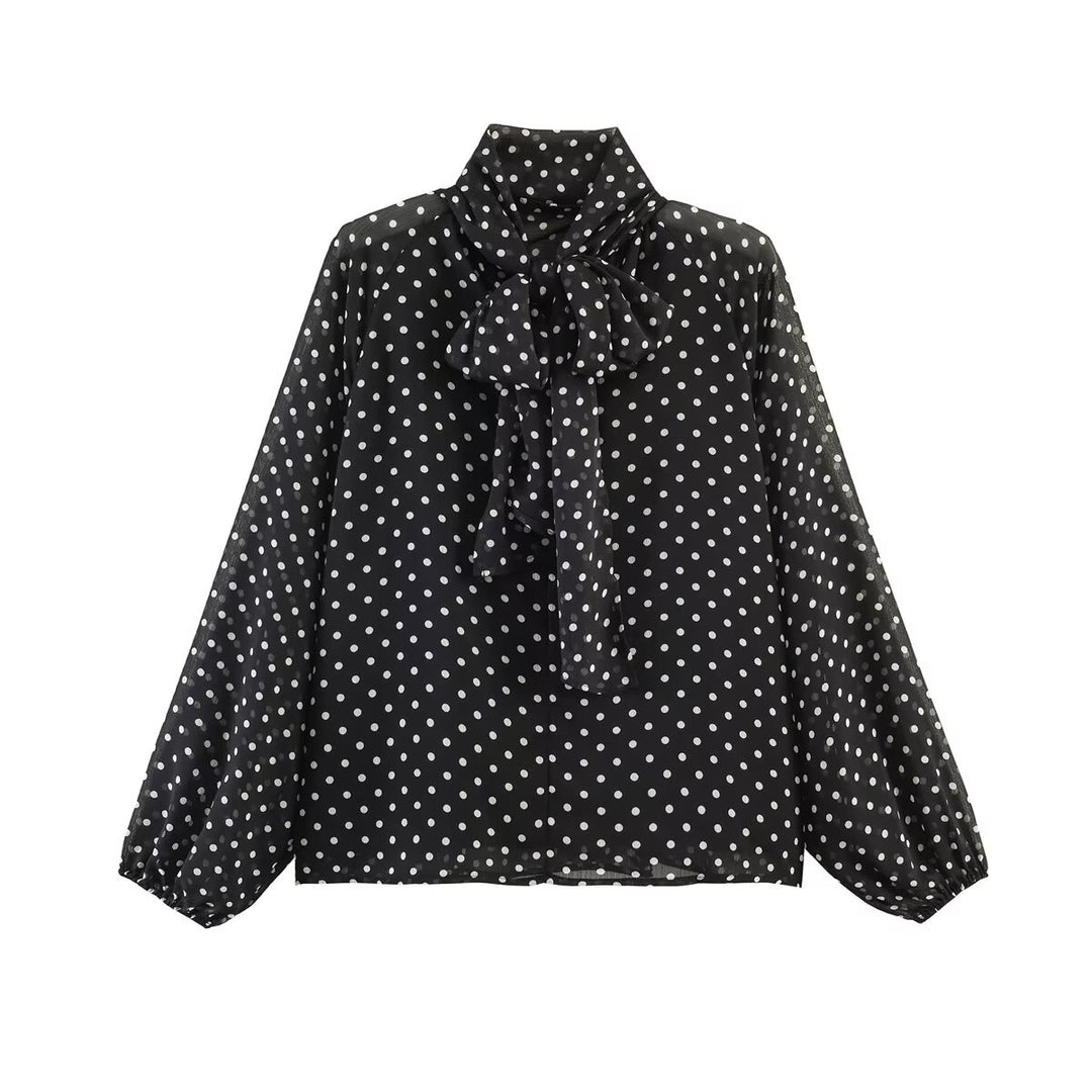 Women's Polka Dot Blouse with High Stand Collar, Ruffled Neckline and Balloon Sleeves Amarae