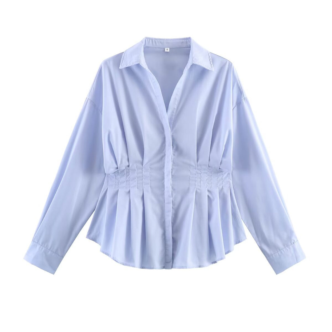 Ladies' blouse with tailored gathered insert and pleated peplum