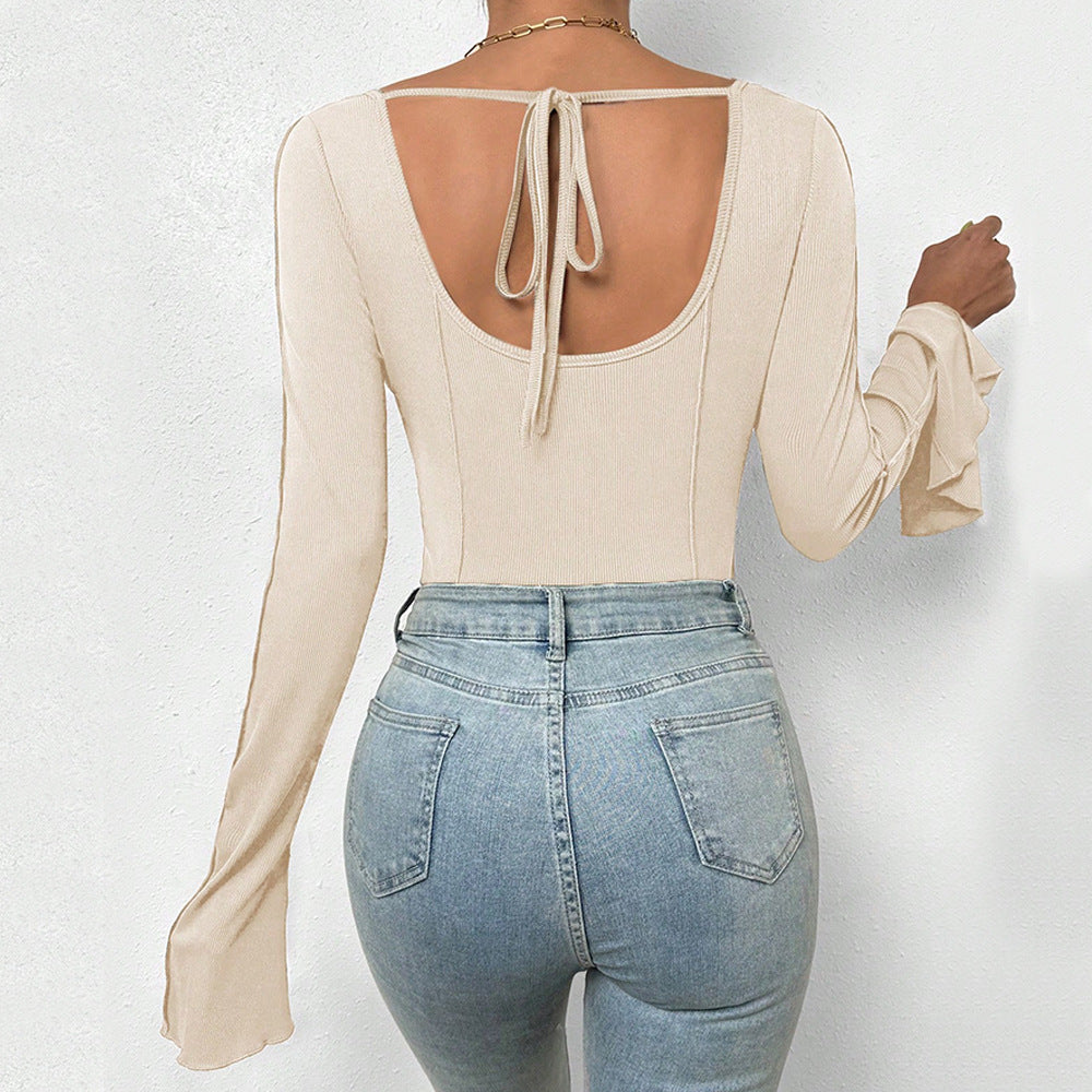 Haut à manches longues pour femmes avec décolleté carré et design à côtes élastiques Chic & Stil
