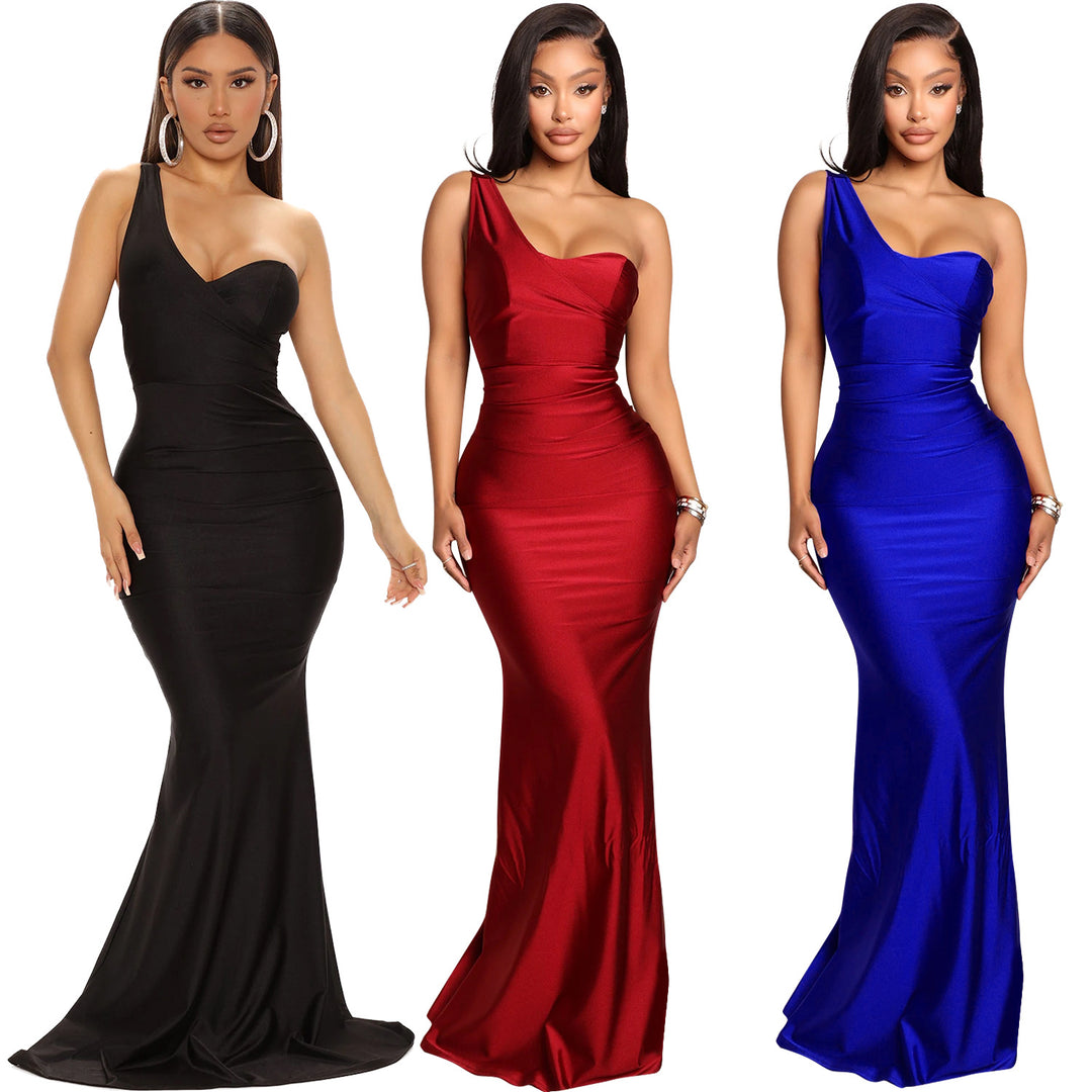 One-shoulder satin evening dresses Lune London
