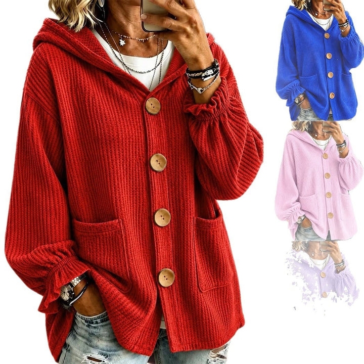 Women's Oversized Hooded Cardigan with Waffle Texture and Wooden Buttons Amarae