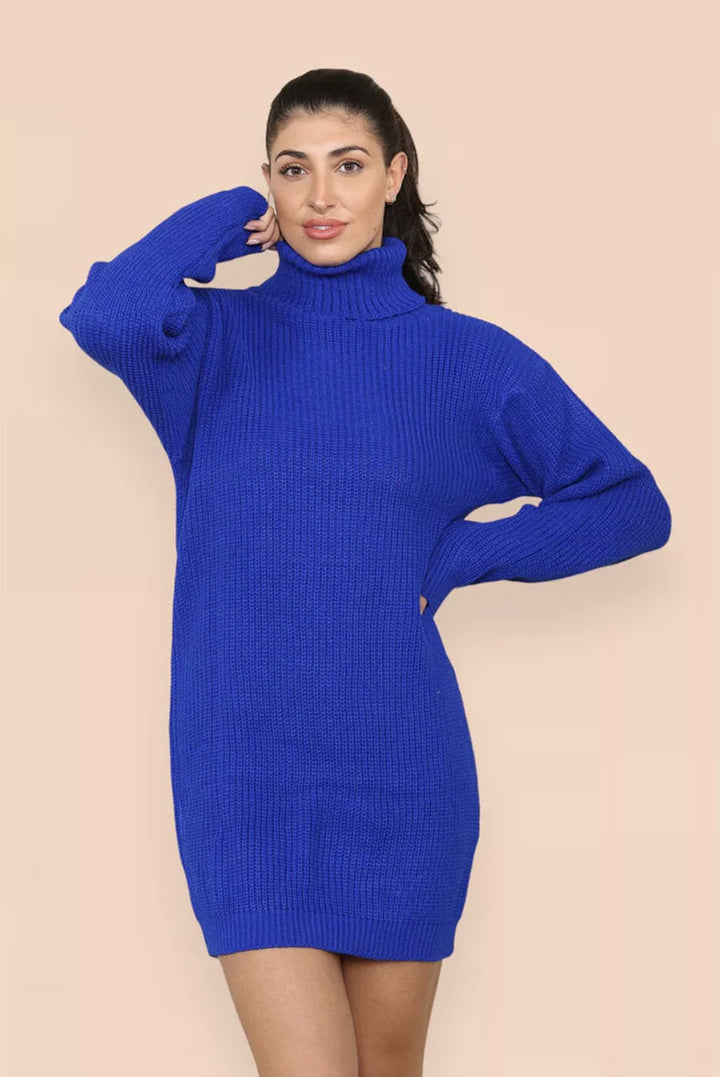 Oversized knit dress for women with a high collar and decorative ribbing design Lune London