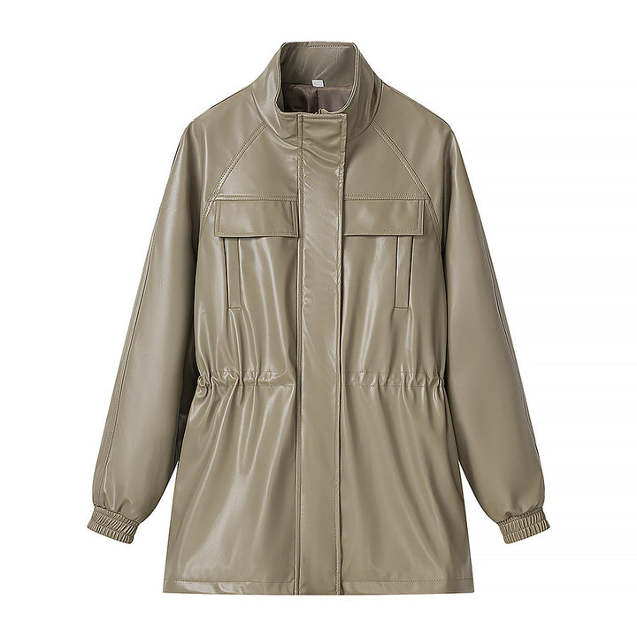 Women's Faux Leather Parka with Drawstring Waist and Chest Pockets Amarae