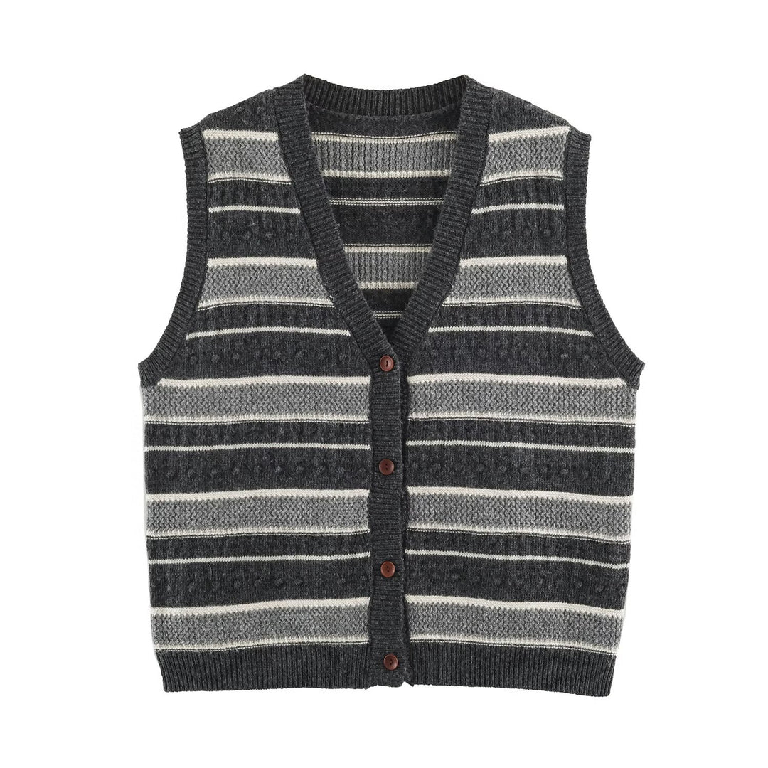 Women's fine knitted vest with V-neck, textured stripes and button placket Amarae