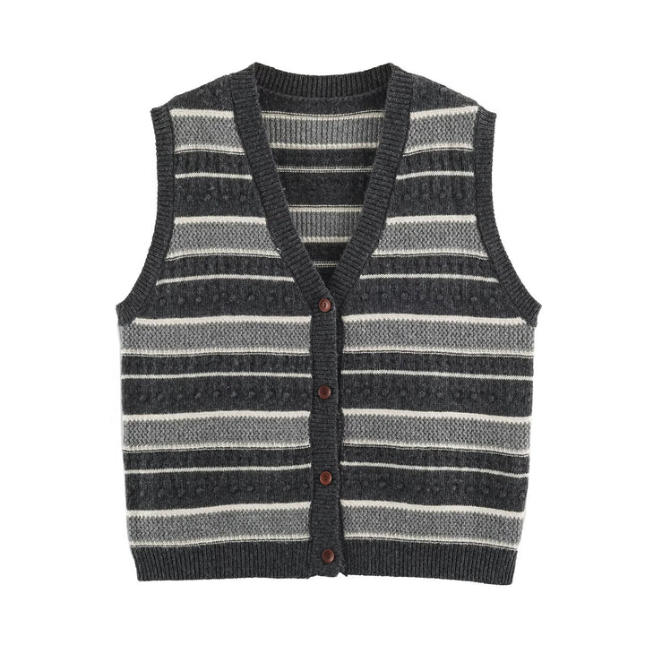 Women's fine knitted vest with V-neck, textured stripes and button placket Amarae