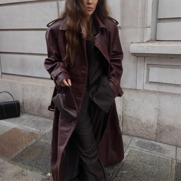 Women Long Trench Coat Made of Faux Leather with Oversized Shoulders and Tailored Silhouette Amarae