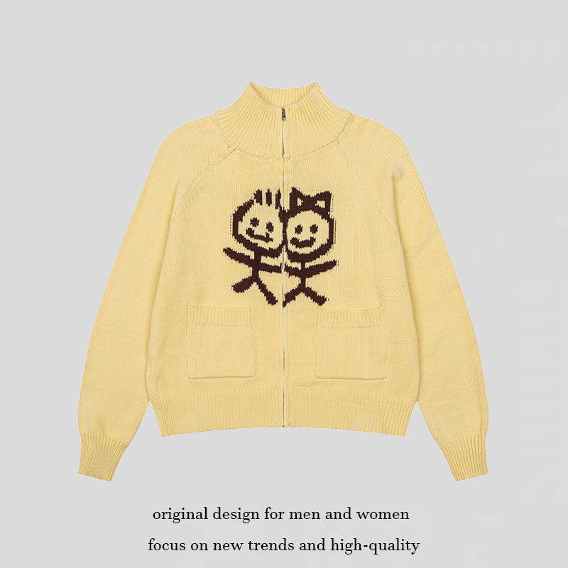 Women's chunky knit zip cardigan with stand-up collar, patch pockets and cartoon intarsia Amarae
