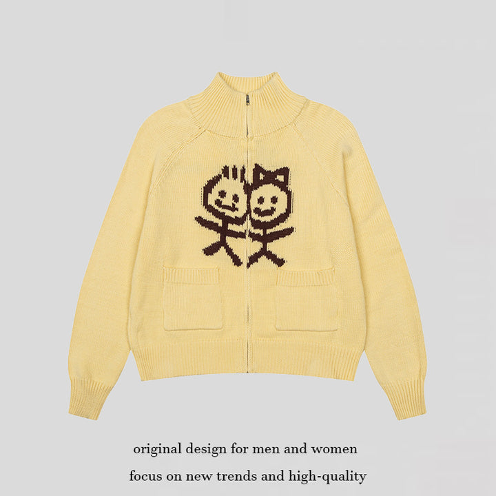 Women's chunky knit zip cardigan with stand-up collar, patch pockets and cartoon intarsia Amarae