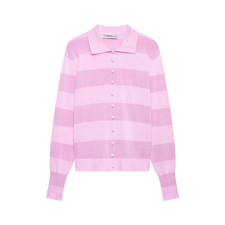 Women's Striped Cardigan with Polo Collar and Full Button Placket Amarae