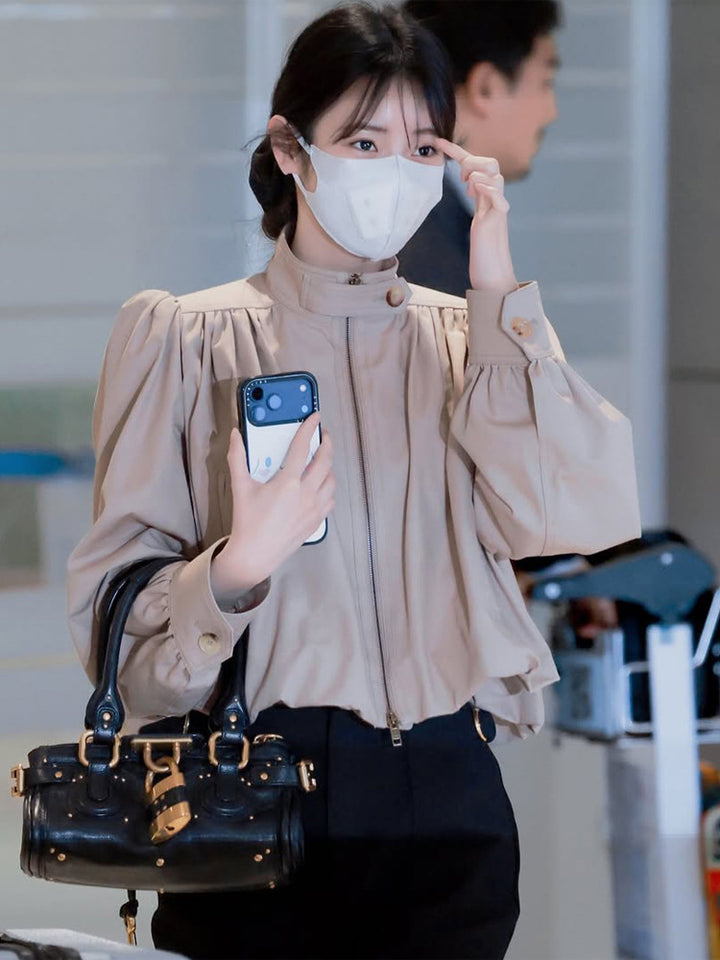 Women Lightweight Blouson Jacket with Balloon Sleeves and Stand-up Collar Amarae