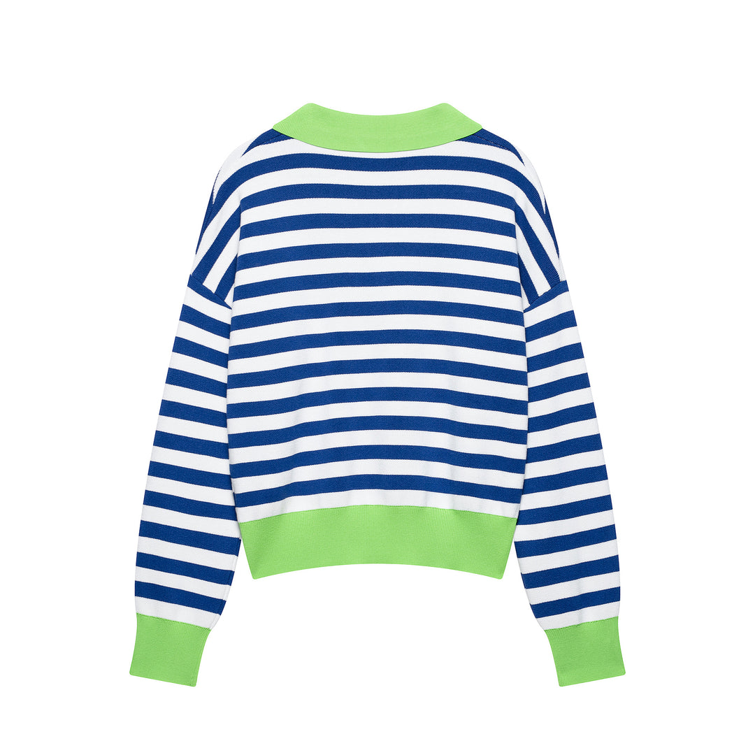Women's Striped Polo Sweater with V-Neck, Loose Body and Contrasting Cuffs Amarae
