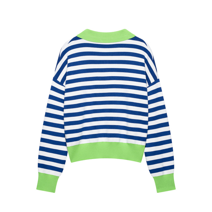 Women's Striped Polo Sweater with V-Neck, Loose Body and Contrasting Cuffs Amarae