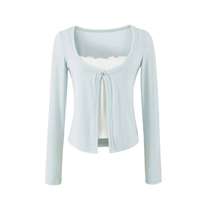 Women's layered cardigan with integrated lace cami and single-button closure Amarae