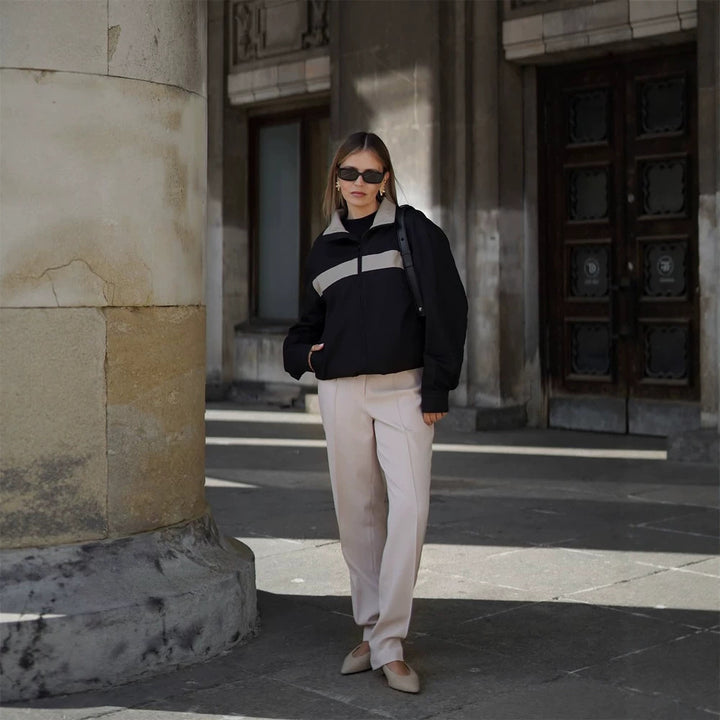 Women's Cropped Bomber Jacket with Contrast Stripes, Stand Collar and Boxy Silhouette Amarae