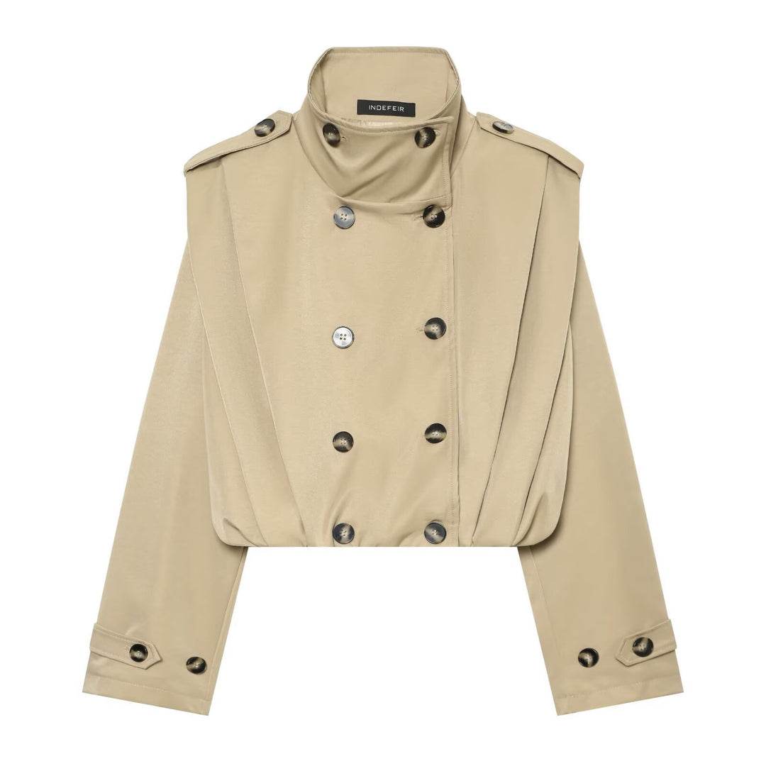 Women's Cropped Trench Coat in Cape Look with Double-Breasted Button Placket and High Stand Collar Amarae