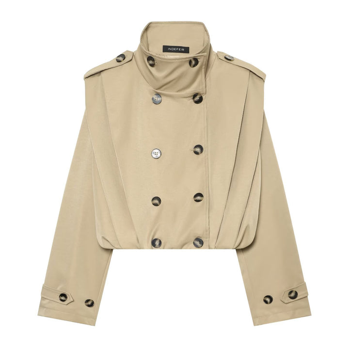 Women's Cropped Trench Coat in Cape Look with Double-Breasted Button Placket and High Stand Collar Amarae