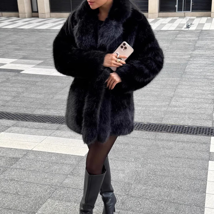 Women Boxy Short Coat made of extra fluffy high pile with wrap belt Amarae