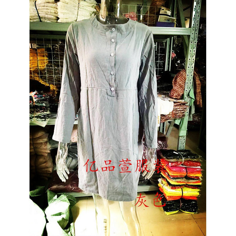 Women loose-fitting linen-look dress with three-quarter sleeves, button placket and side pockets Amarae