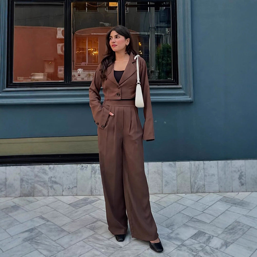 Women Two-Piece Tailoring Set Short Blazer with Bell Sleeves and High-Waist Palazzo Pants Amarae