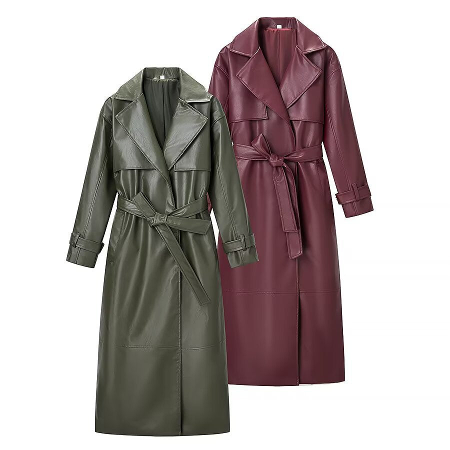 Women Oversize Faux Leather Coat in Trench Coat Style with Wide Lapels Amarae