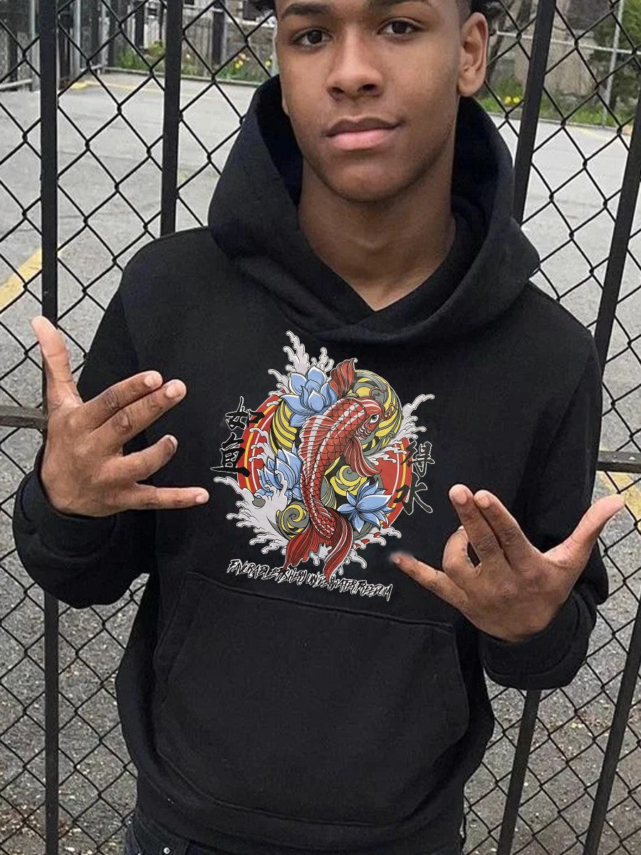 Men's hoodie with artistic koi pattern Amarae
