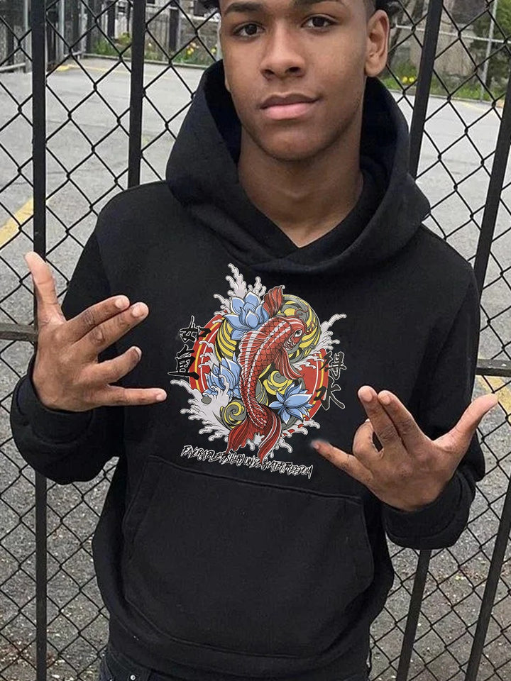 Men's hoodie with artistic koi pattern Amarae