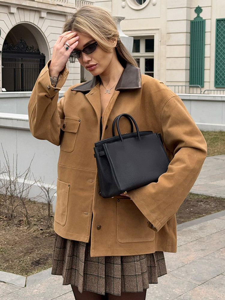 Women's Boxy Short Jacket in Suede Look with Contrast Collar & Patch Pockets Amarae