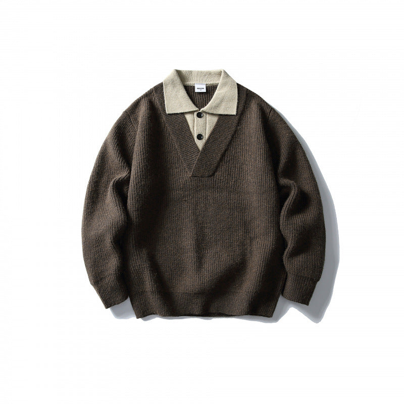 Men's pullover with polo half-button placket, oversized ribbed knit and V-neck detail Amarae