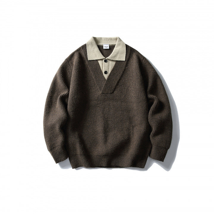Men's pullover with polo half-button placket, oversized ribbed knit and V-neck detail Amarae