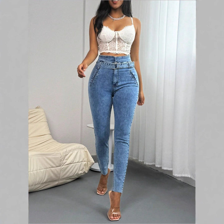 Women's High-Waisted Slim-Skinny Jeans with D-Ring Belt and Diagonal Slip Pockets Amarae