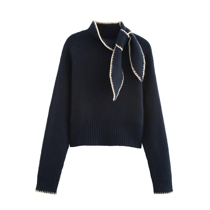 Women's Short-Cut Ribbed Knit Sweater with High Collar and Integrated Knot Scarf Amarae