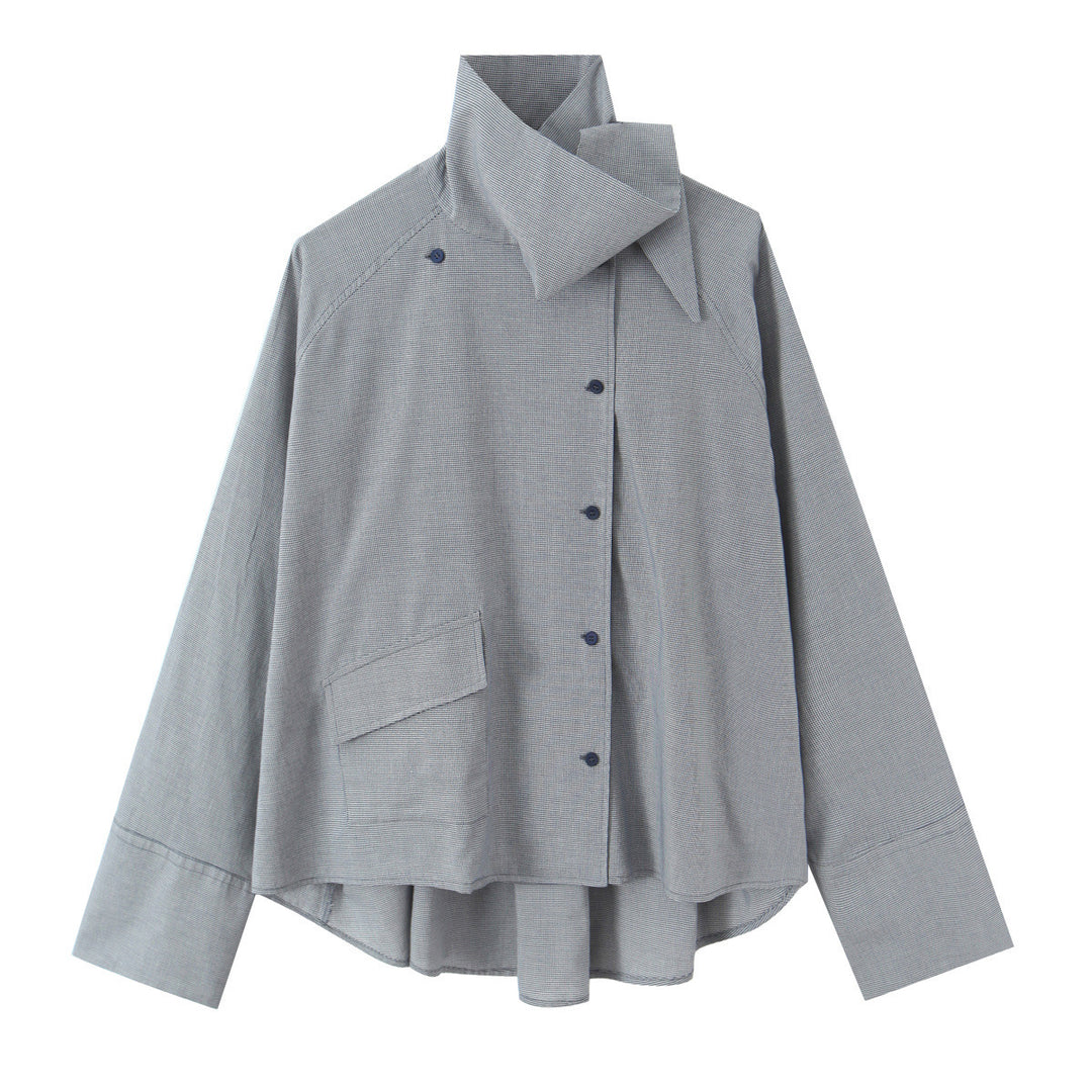 Women's oversized blouse with high shawl collar and asymmetrical button placket Amarae