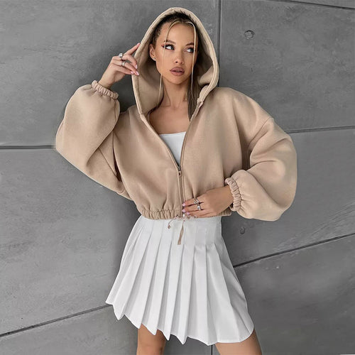 Ladies Cropped Hoodie made of soft sweat fabric with elastic waistband and zipper Chic & Stil