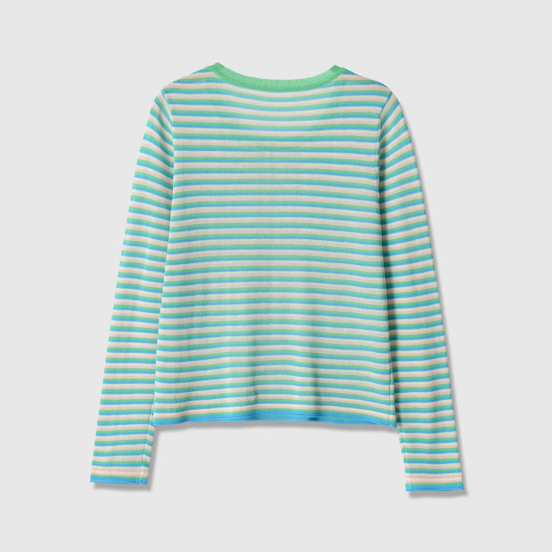 Women Striped Fine Knit Long Sleeve Shirt with Round Neckline and Figure Flattering Silhouette Amarae