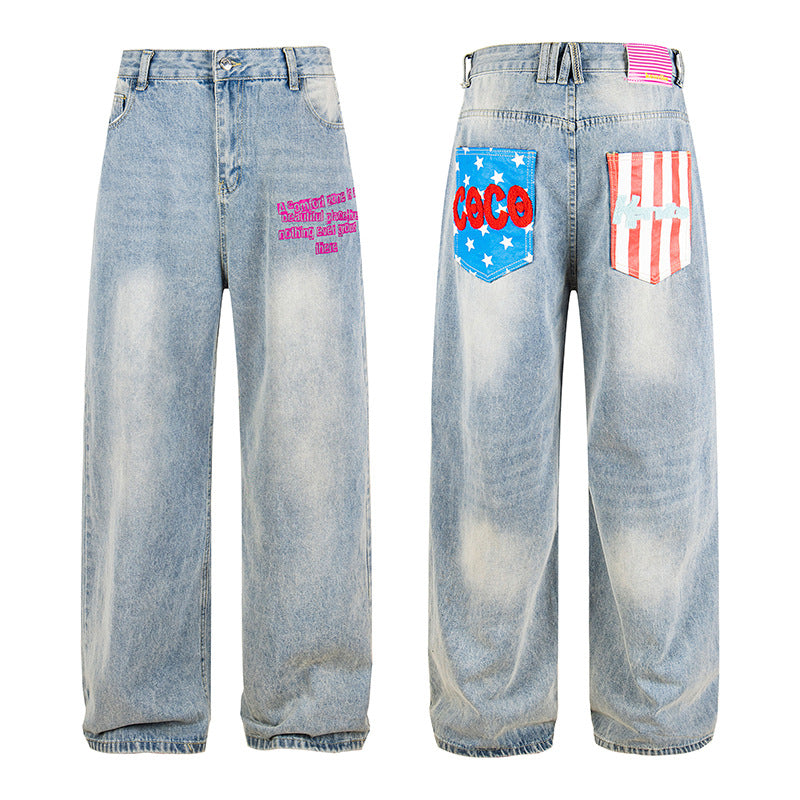 Ladies Wide High-Waist Jeans in Vintage Look with Elastic Hem and Statement Embroidery Amarae