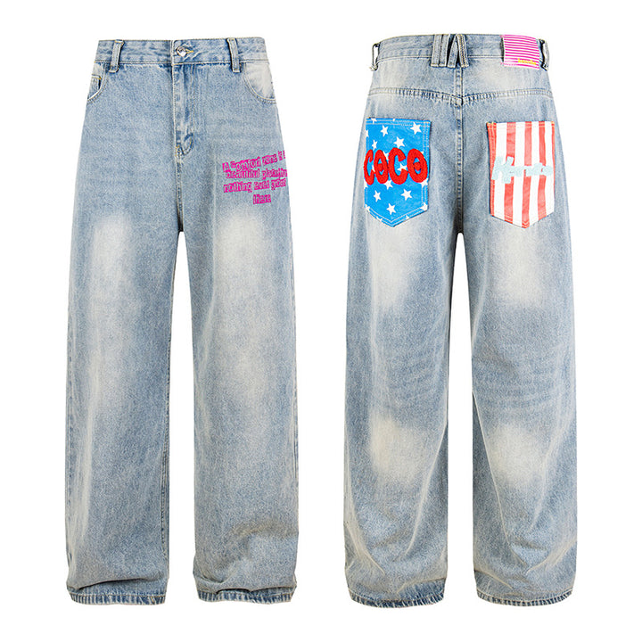 Ladies Wide High-Waist Jeans in Vintage Look with Elastic Hem and Statement Embroidery Amarae