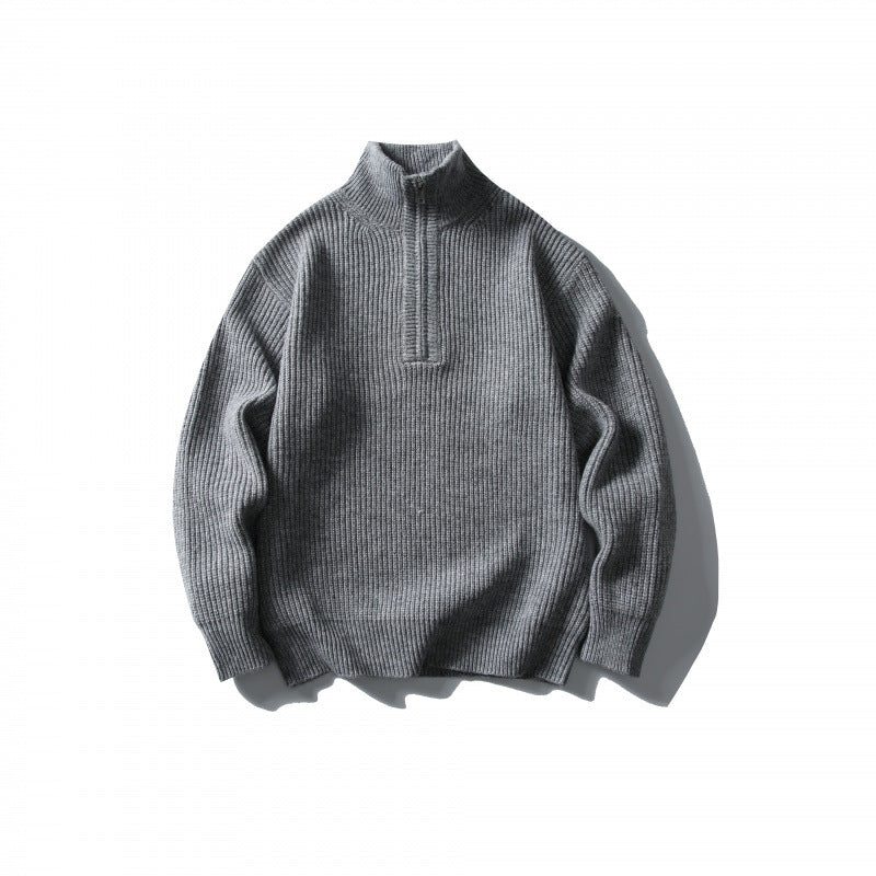 Unisex Structured Half-Zip Knit Sweater with High Stand-Up Collar and Ribbed Rib Knit Amarae