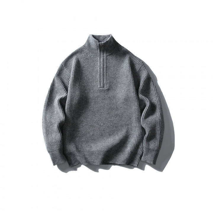 Unisex Structured Half-Zip Knit Sweater with High Stand-Up Collar and Ribbed Rib Knit Amarae