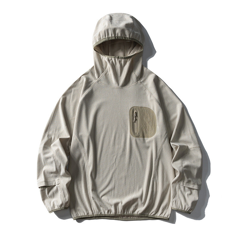 Unisex Lightweight Technical Hooded Pullover Wind Jacket with Chest Zipper Pocket and Elastic Hem Amarae