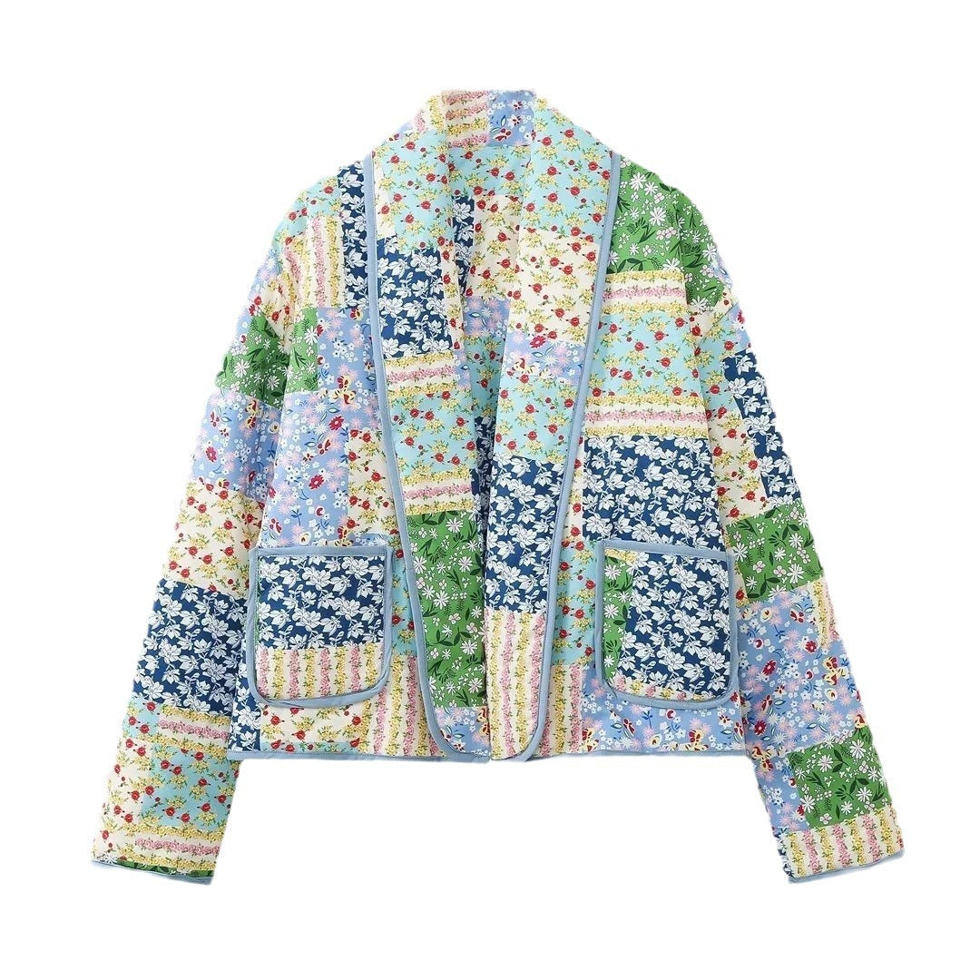 Ladies quilted patchwork quilted jacket with open shawl collar and patch pockets Amarae