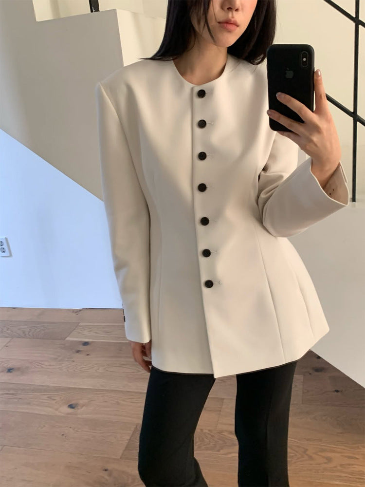 Women's Tailored Blazer with Sculptural Shoulder, Round Neckline and Contrast Button Placket Amarae