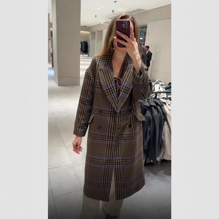 Women Maxilength Oversized Double-Breasted Coat with Emphasized Shoulder and Flap Pockets Amarae