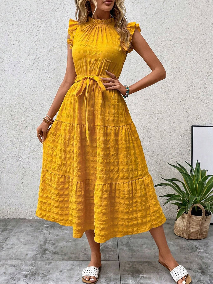 Midi dress for women with ruffled sleeves and belt at the waist Lune London