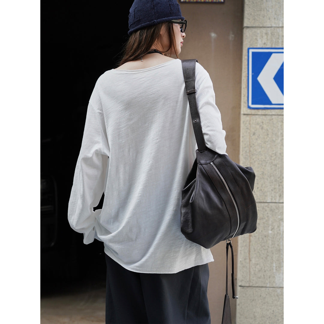 Women's Loose Slub-Jersey Long Sleeve Shirt with Chest Pocket and Casual Hem Amarae