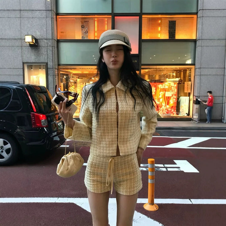 Women Two-Piece Boucle Set with Short Jacket and Drawstring Shorts Amarae