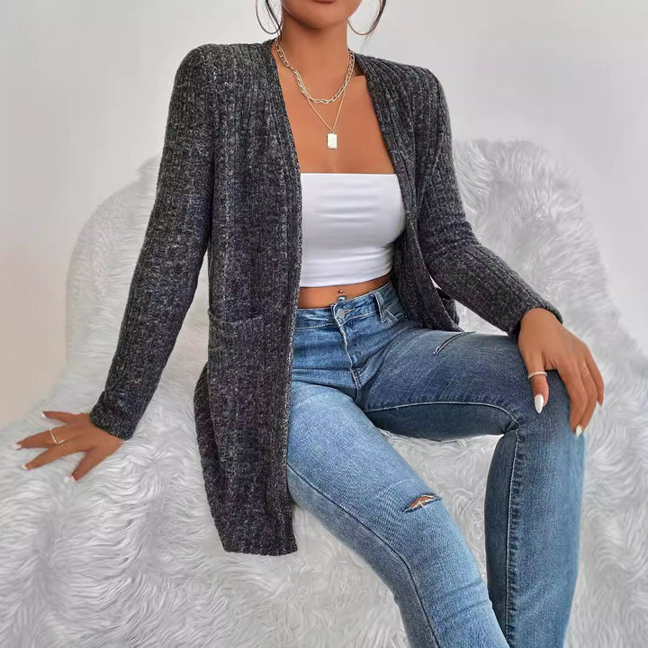 Knitted jacket for women with open front and diagonal rib pattern Lune London